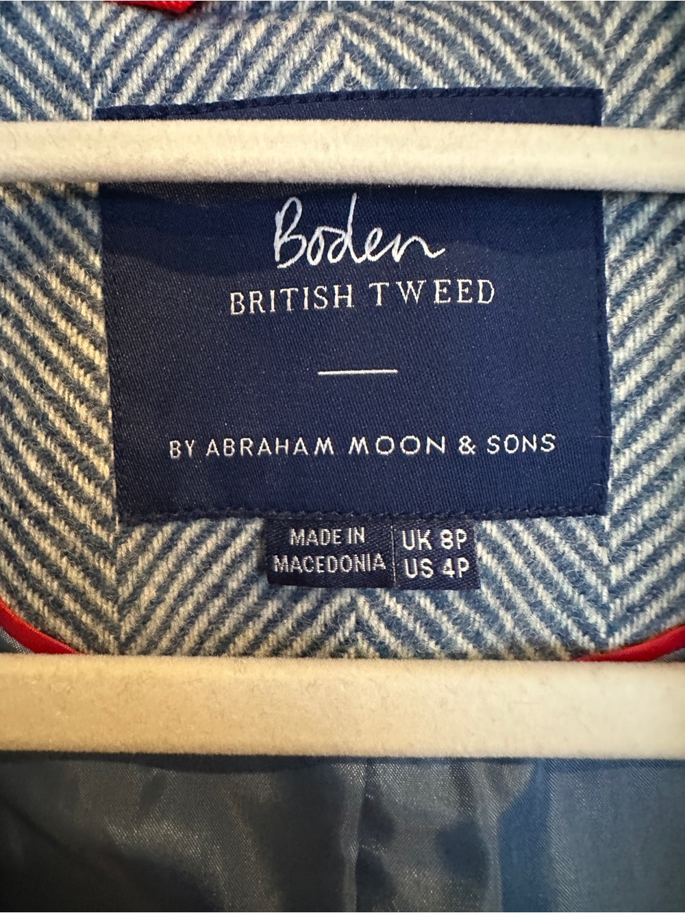 Boden Blue and White Herringbone Pea Coat with Navy Velvet Collar - Picture 3 of 5